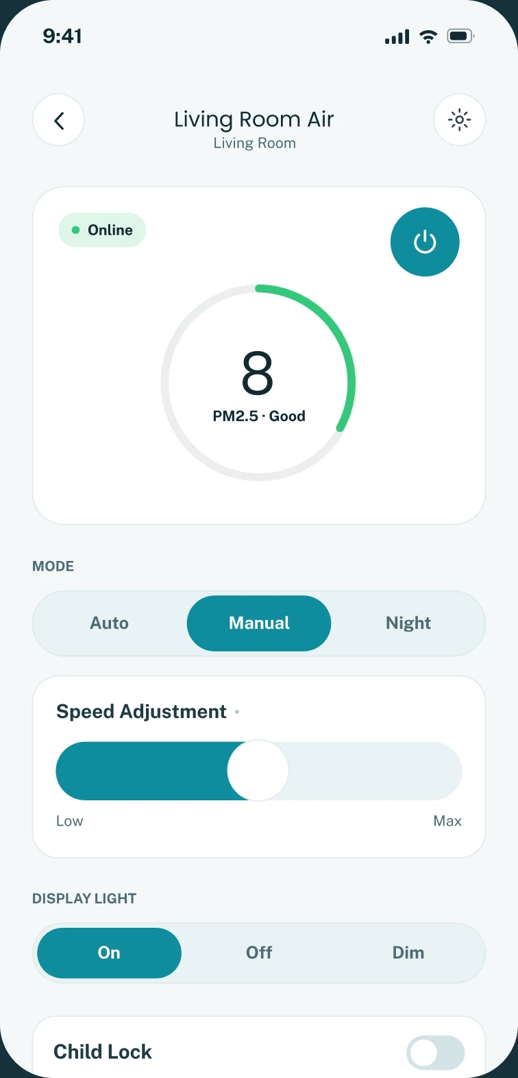 The InCare Appliances app on a phone: Living Room Air, PM2.5 reading 8 (Good), Auto, Manual and Night modes, fan speed and display light controls